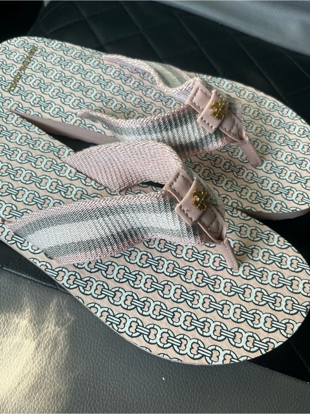 Tory Burch Pink & Cream And Grey Patterned Logo Thong Sandals
